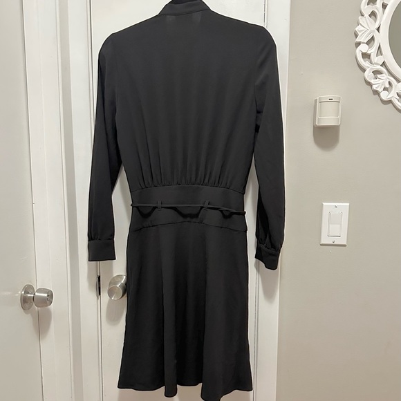 Longchamp Tie Neck Fit Flare Shirt Dress black knee length long slv stretch XS - Picture 3 of 10